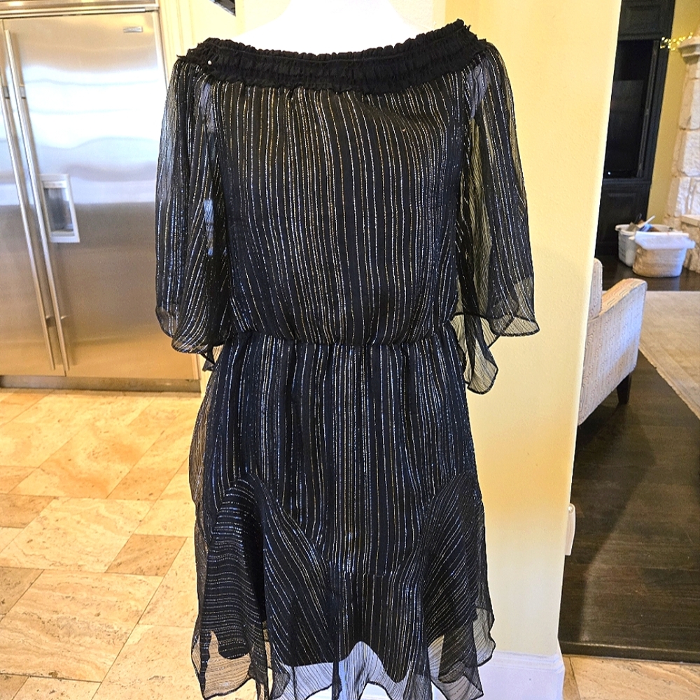 Dress Halston Heritage NWT Cocktail Metallic Black Gold Silver M